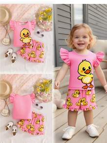 2pcs Baby/Toddler Round Neck Cute Duck Print Short Sleeve Top And Shorts Set, Spring/Summer - Pink - View 10