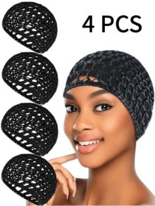 4件套网状钩编发网套装，针织围巾帽，加厚短款女士发网，睡眠围巾罩，黑色发网，长直发/卷发保护帽，芭蕾舞帽睡眠帽 - 彩色 - 查看 2