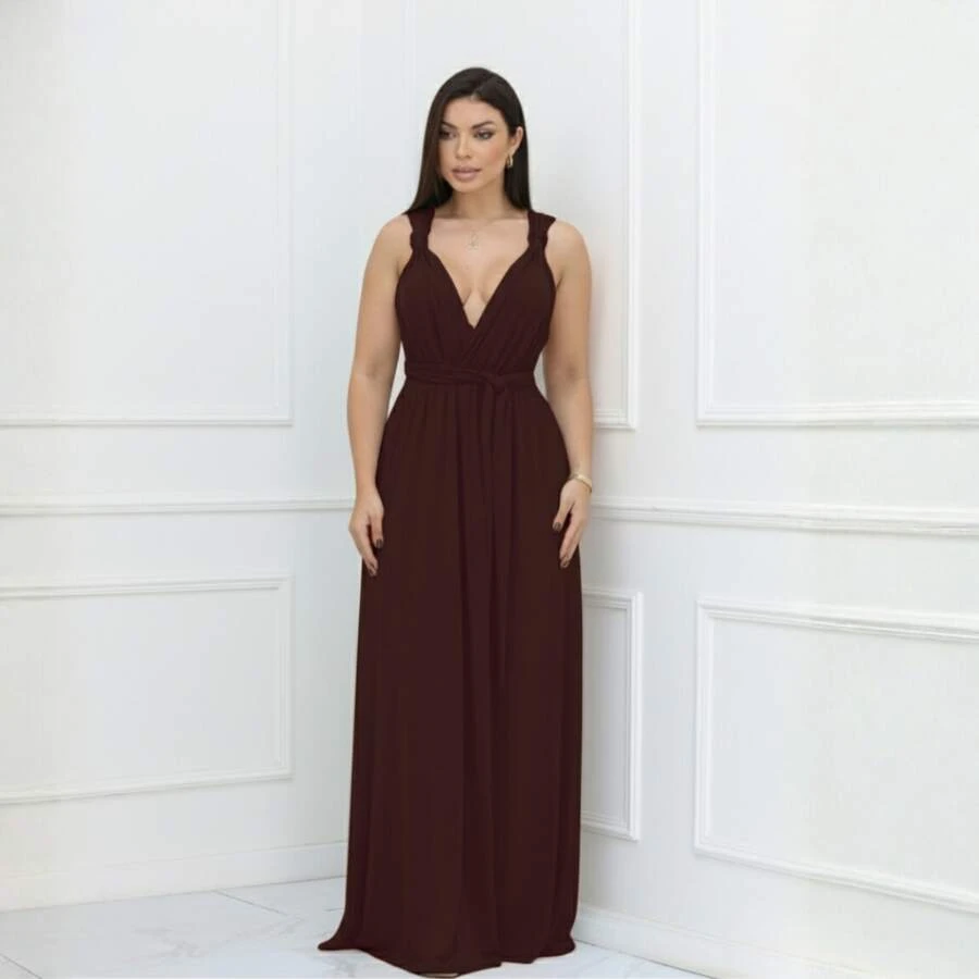 Women's Long Dress - Multiple Ways To Wear - Tie Detail - Infinity Style - Perfect For Parties, Graduations, Weddings, Christenings - Rust Brown - View 1