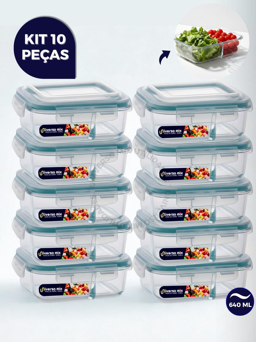 Kit 10 ou 5 Potes Vidro Herméticos 640ml Retangular Com Divisória Premium