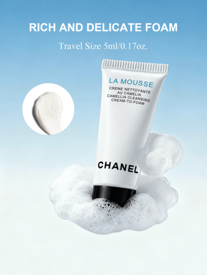CHANEL Detergente schiumoso micro Hydra Beauty - Infuso di camelia, detergente delicato per il viso, adatto a tutti i tipi di pelle, cosmetica di lusso, pelle sensibile, detergente schiumoso, formato da viaggio - 5ml/0,17oz.
