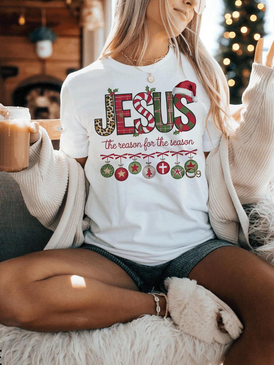 Camiseta negra y blanca para mujer de Jesús de Feliz Navidad informal-Camiseta de cuello redondo de manga corta con estampado de belenes, ropa de fiesta religiosa para eventos de la Iglesia, fiestas de Navidad y atuendo informal-Camiseta transpirable basada en la fe - Blanco - Ver 1