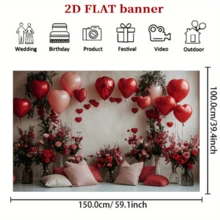 One 2D Flat Pink Valentine's Day Photography Background Cloth, White Wooden Floor, Red Heart-Shaped Balloon Decorated Photo Background, Birthday Party Gift Shooting, Back-To-School Valentine's Day, No Electricity Required - Multicolor - View 6