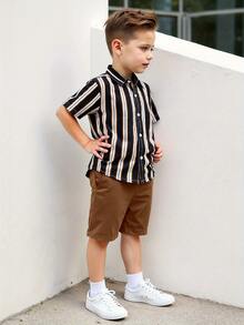 Set de 2 piezas Conjunto de ropa de verano de moda para niños, camisa a rayas y pantalones cortos casuales, conjunto de ropa para niños pequeños, perfecto para sesión de fotos - Marrón - Ver 6