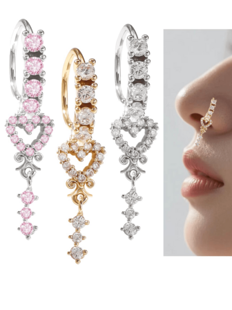 1pc Copper Alloy CZ Heart Tassel Design Fake Nose Piercing Nose Ring, Suitable For Nose Or Ear Wear, Fashionable & Versatile; Elegant Synthetic Zirconia Piercing Jewelry, Great Gift For Family And Friends; Suitable For Easter, Carnival, Daily Party, Music Festival, Casual & Stylish