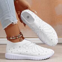 Women's Knit Comfortable Slip-On Casual Sneakers With Rhinestone Decor, EVA Non-Slip Soft Sole, Solid Color, Suitable For Sports And Daily Wear - White - View 12