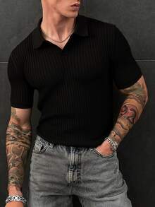 Men's Summer Ribbed Polo Knit Short Sleeve Shirt - Black - View 1