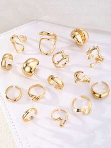 12 件光滑几何超大仿珍珠戒指，复古风格经典金色时尚女士戒指 - 金色 - 查看 7