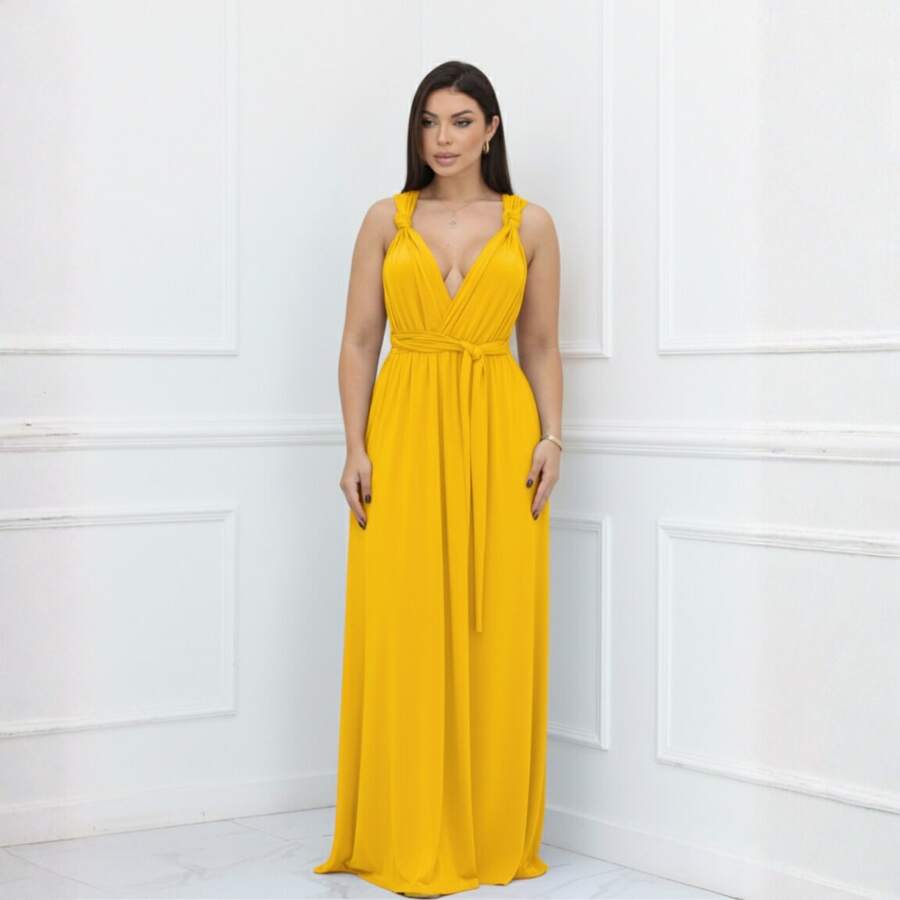 Women's Long Dress - Multiple Ways To Wear - Tie Detail - Infinity Style - Perfect For Parties, Graduations, Weddings, Christenings - Yellow Sun - View 1