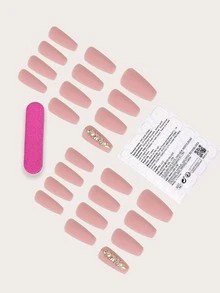 法式簡約優雅粉色芭蕾舞假指甲（24入組）+果凍膠（1入）+指甲文件（1入）即貼指甲美容用品 - 彩色 - 查看 3