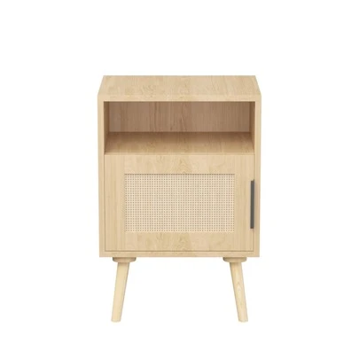 22.83'' H Rattan Nightstand, Side Table With Door Open Shelf, Accent Bedside End Table With Solid Wood Legs For Bedroom, Dorm And Small Spaces, Oak