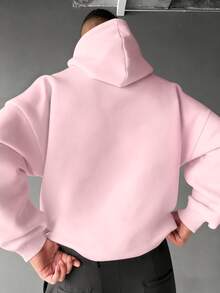 Men's Casual Fashionable Versatile Daily Commute Simple Slogan Print Kangaroo Pocket Drawstring Hoodie, Autumn/Winter - Pink - View 2