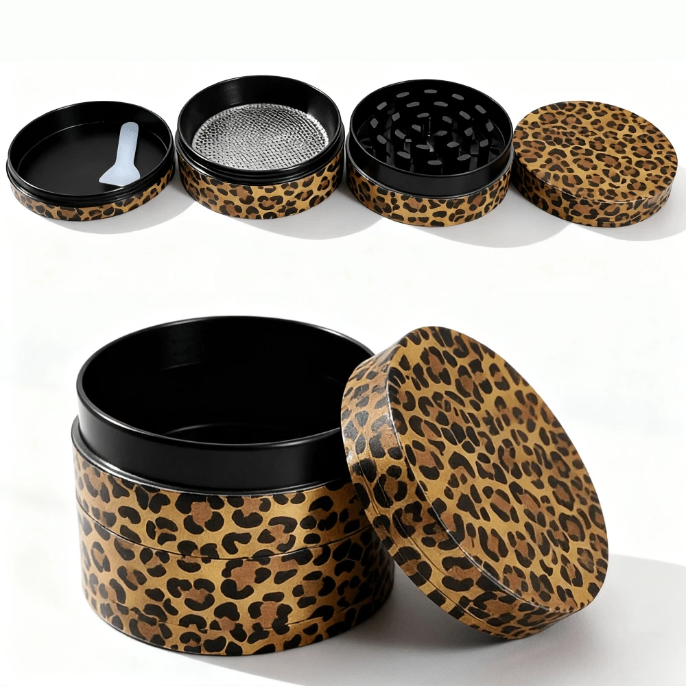 4-Layers Leopard Design Aluminium Alloy Metal Herb Grinder - Metal Grinder With Scraper |  Smoking Accessories Kit, For Friends, Families, And Smokers - 豹 - 查看 1
