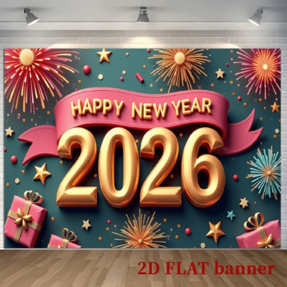 2D平面2026新年派对横幅，金色烟花香槟设计 - 醒目的“新年快乐”字样 - 经久耐用，室内外皆宜，适用于中国农历新年、周年纪念日和庆祝活动