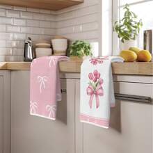 2 件粉色蝴蝶结和郁金香图案厨房毛巾，柔软涤纶材质洗碗布，适用于厨房装饰、清洁、节日派对装饰、厨房和浴室必需品、家居装饰、乔迁礼物