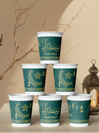 9 Oz Vasos de papel desechables para Ramadán, los vasos de papel perfectos para celebrar Ramadán, distribución perfecta, recepción. Vasos gruesos para té, agua, jugo, espresso, dulces, bebidas calientes/frías, decoraciones de mesa para Eid Mubarak.