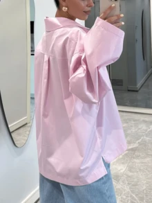 女士粉色宽松涤纶翻领长袖常规版型无弹力衬衫上衣，休闲穿着 - 粉色 - 查看 4