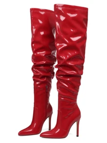 Over The Knee Boots Women Minimalist Stiletto Heeled Slouchy Boots Stretch PU Leg-Lengthening & Sexy Holiday Gift Pick Bestseller Party Wear - 紅色 - 查看 6