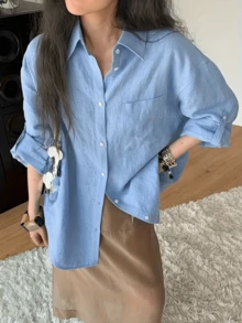 Women Blue Woven Fabric Long Sleeve Shirt With Collar Button Details And Regular Hem For Everyday Wear - Blue - View 1