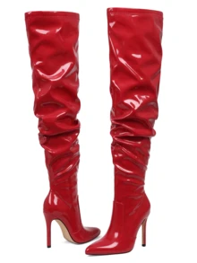 Over The Knee Boots Women Minimalist Stiletto Heeled Slouchy Boots Stretch PU Leg-Lengthening & Sexy Holiday Gift Pick Bestseller Party Wear - 紅色 - 查看 7