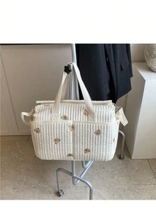 1件装多熊图案大容量妈妈包，简约旅行推车挂包，多功能收纳包，婴儿尿布包 - 白色 - 查看 9