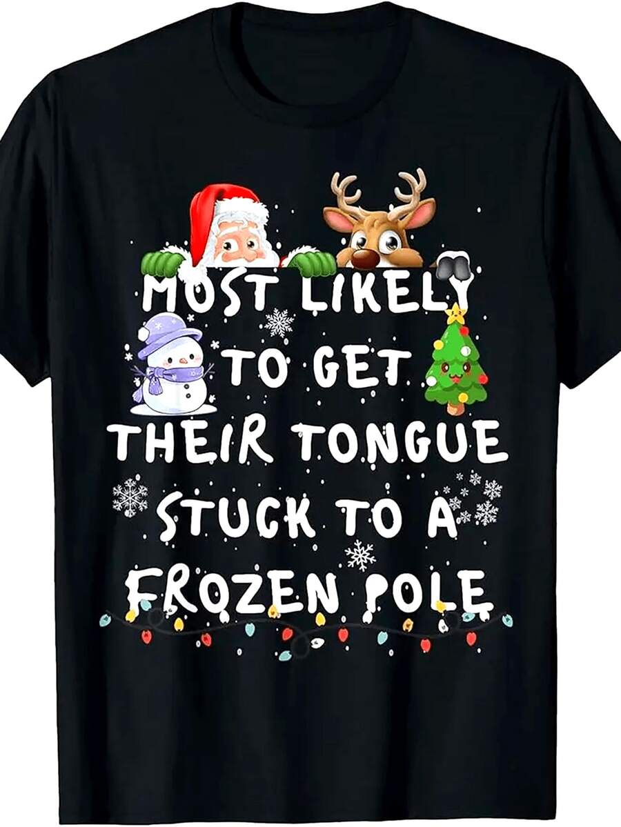 Men'S Casual Crew Neck T-Shirt With Festive Christmas Design - "Most Likely To Get Their Tongue Stuck To A Frozen Pole" - Ideal For Weekend Casual Wear, Spring/Summer/Fall, Regular Fit, Slight Stretch Fabric, Christmas Shirts - 黑色 - 查看 1