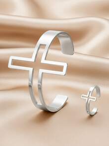2pcs/Set Stainless Steel Men's Jewelry Set, Hollow Cross Adjustable Bracelet & Ring, Punk Style Suitable For Music Festivals - Bracelet + Ring - View 9