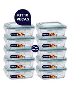Kit 10 ou 5 Potes Vidro Herméticos 640ml Retangular Com Divisória Premium - Transparente - Visão 9