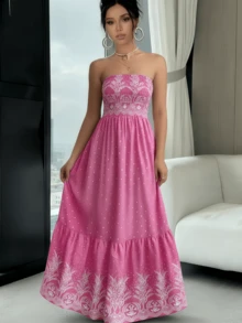 Women's Strapless Dress, Casual Holiday Dress Sizes S M L - 泡泡糖粉 - 查看 4