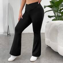 Pantalón Acampanado Negro de Talla Grande para Mujer, Con Cinturilla Cruzada, Casual, Elegante Y Elástico - Negro - Ver 4