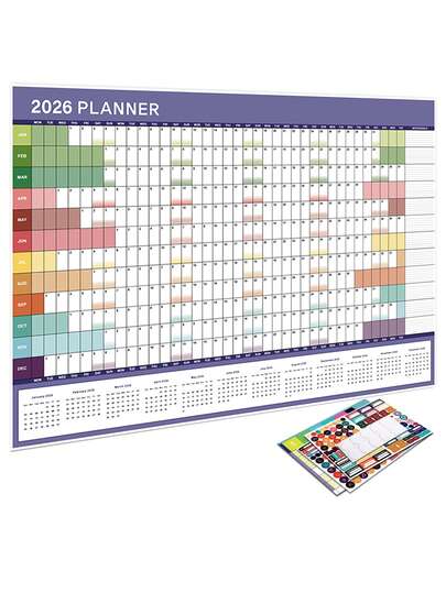 2026年挂历 - 全年视图，适用于家庭、学校和办公室，2026年日历计划本，家居收纳，学习用品，时尚计划本，简约设计，耐用纸张，书写流畅，月度计划，规划工具，家居收纳，办公用品