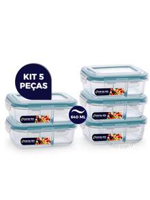 Kit 10 ou 5 Potes Vidro Herméticos 640ml Retangular Com Divisória Premium - Transparente - Visão 10