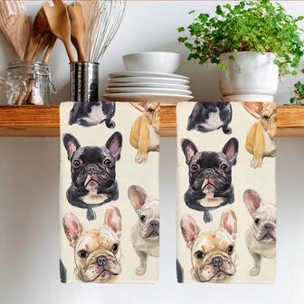 2pcs Cute French Bulldog Pattern Kitchen Towels, 40*60cm Soft Microfiber Material Tea Towels, Suitable For Home, Kitchen, Restaurant, Outdoor Camping, Tabletop Cleaning, Dishwashing, Holiday Gift