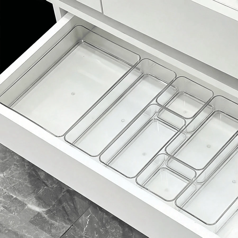 8/6/7 piezas Juego de organizadores de cajón de acrílico transparente, cajas de almacenamiento versátiles para cosméticos, organizadores divisores de escritorio elegantes para maquillaje, útiles de oficina y almacenamiento diverso, artículos esenciales prácticos para dormitorio en verano y vuelta al cole, regalo de organización del hogar para el Ramadán para mujeres/estudiantes
