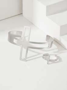 2pcs/Set Stainless Steel Men's Jewelry Set, Hollow Cross Adjustable Bracelet & Ring, Punk Style Suitable For Music Festivals - Bracelet + Ring - View 3