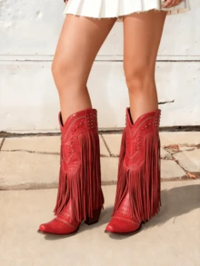 Women's Fringe Cowboy Boots Pointed Toe Chunky Heel Pull On Western Wide Calf Shoes Embroidered Tassal Cowgirl Boot With Riveted Design For Halloween Christmas - 紅色 - 查看 9
