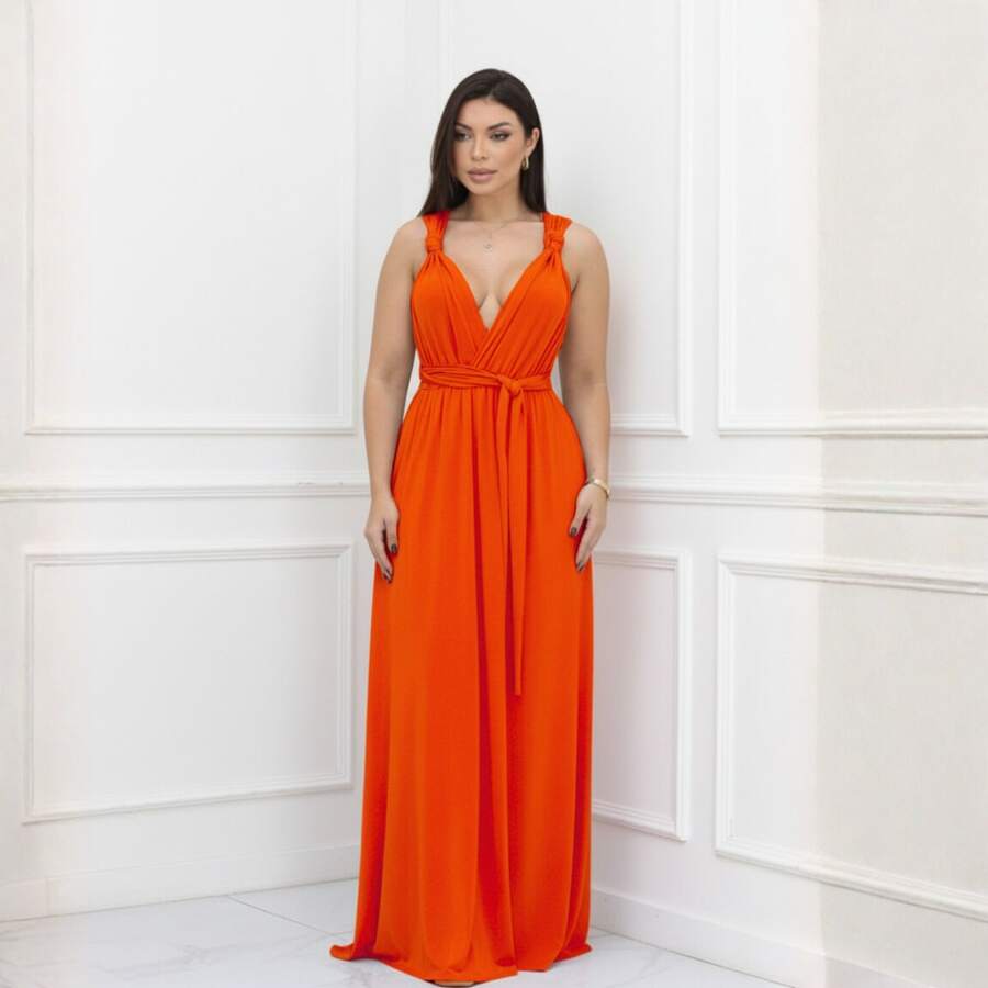 Women's Long Dress, Multiple Ways To Wear, Multi-Use, Tie-Front, Infinity Style, Party, Graduation, Elegant - Neon Orange - View 1