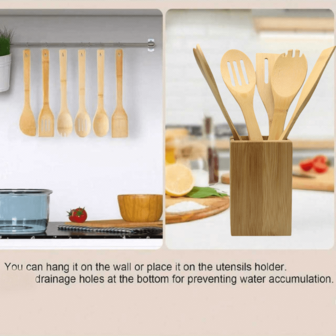 6件套木勺烹饪用具 - 木制厨房用具套装 - 天然材质竹制锅铲和木制烹饪用具 - 木铲和木勺烹饪工具套装，厨房小工具