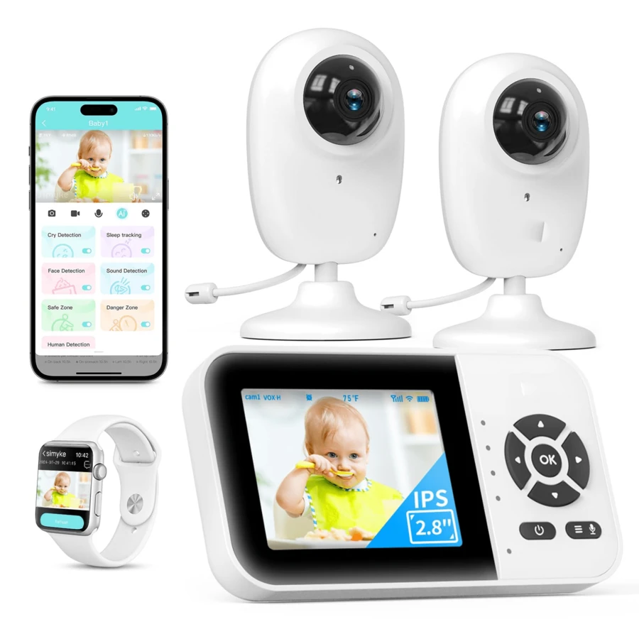 Smart Baby Monitor With 2 Cameras And Audio,App,Long Range,Night Vision,Temperature Sensor,2 Way Talk, Feeding Clock And Lullabies,Home Use - trắng - Xem 1