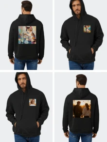 Men'S Customizable White Hoodie With "YOUR PHOTO HERE" Print - Personalized Logo Space, Casual Long-Sleeve Sport Sweatshirt For Birthdays, Parties, And Outdoor Activities, Casual Wear|Personalized Hoodie|Comfortable Fit - Black - View 3