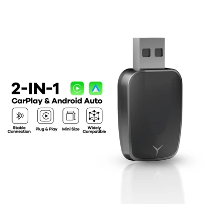 REMAX 二合一无线CarPlay适配器，兼容Apple CarPlay和Android Auto；迷你尺寸；即插即用；CarPlay无线适配器兼容 iOS 6+和Android 11+，连接快速稳定；汽车配件，超级实用的车载用品