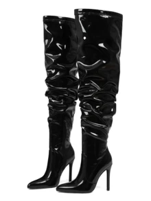 Over The Knee Boots Women Minimalist Stiletto Heeled Slouchy Boots Stretch PU Leg-Lengthening & Sexy Holiday Gift Pick Bestseller Party Wear - 黑色 - 查看 6