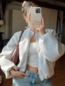 HZXVIC 女士纯色罗纹拉链口袋休闲柔软飞行员夹克，秋季款 - 米色 - 查看 11