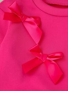 2 piezas Conjunto informal para niñas con top sólido fucsia y pantalones con decoración de lazo 3D, adecuado para uso diario - Rosa - Ver 4