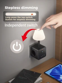 1pc 10-In-1 Smart Outlet With Digital Display, Type-C/USB Fast Charging, Dimmable LED Nightlight, 3 USB-A + 1 Type-C Multi-Device Fast Charging Station, Independent Switch, Overload Protection, Ideal For Home, Office, Travel, Gaming Desk Organization