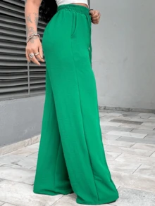 Calça Feminina Pantalona Duna Wide Leg Cintura Elástica e Bolso - Verde - Visão 6