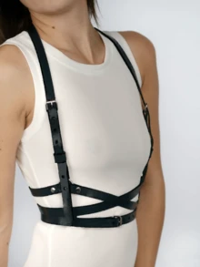 Fashion Black Faux Leather Harness Waist Body Belt Punk Chest Belt With Chains Outfit Accessoreis - Black - View 2