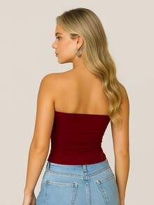 Women's Strapless And Unpadded Basic Tube Cropped Top, Double Layer Of Slim Fit Shaping Spandex - 聖誕紅寶石 - 查看 5