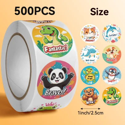 500pcs/Roll Animal Family Pattern Stickers, Size: 2.5cm/1.0 Inch. Encouragement Stickers. Round Shape, Ideal For Children's Gifts. Can Be Used For Book Decoration, Sealing Labels, Gift Decoration And Other Preferred Product Decoration Stickers