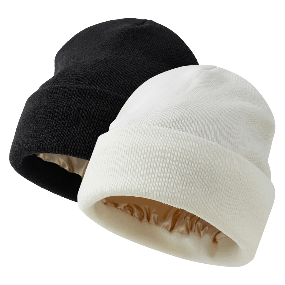 1/2pcs Women Satin Lined Knit Beanie Hat Acrylic Winter Hats For Women Men Silk Lining Soft Slouchy Warm Cuffed Beanie Hat - Multicolor - View 1